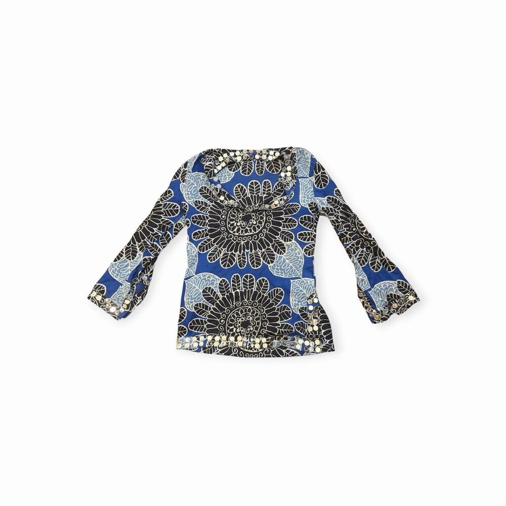 Tory Burch Women's Blue Tunic Sheer Long Sleeve Abstract High Low Blouse Small